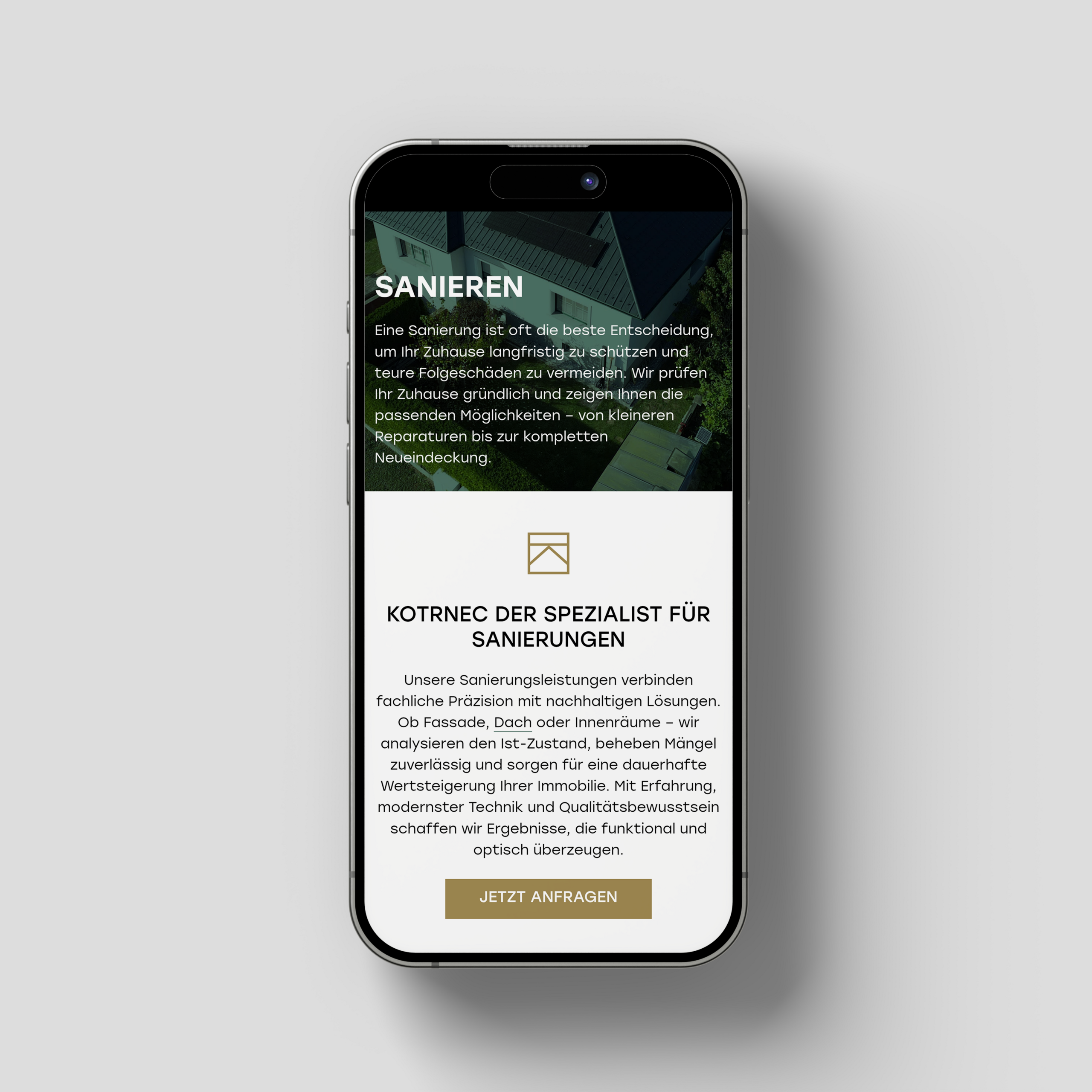 iPhone Mockup mit der Sanieren Seite darauf