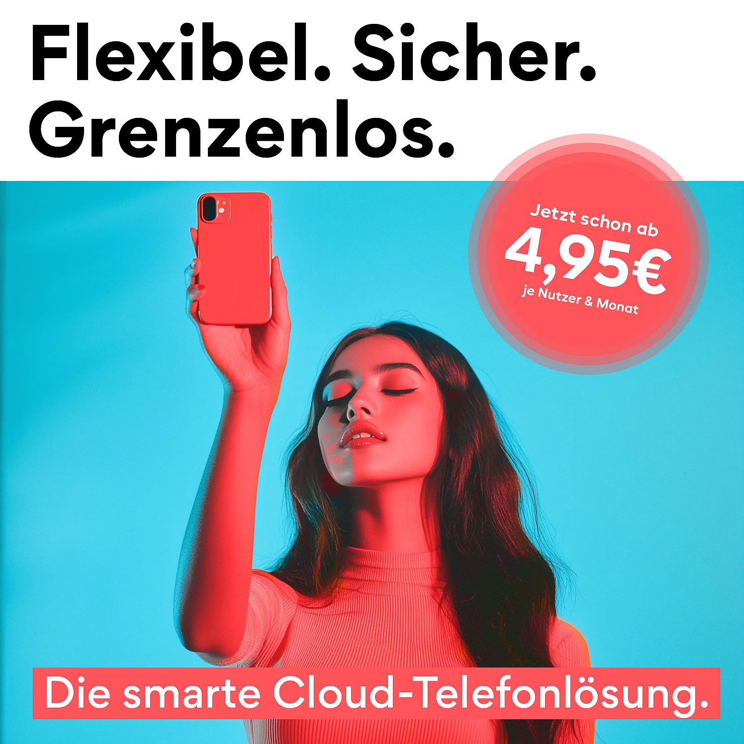 Werbepost mit einer Frau die ein Smartphone elegant in die Luft hält