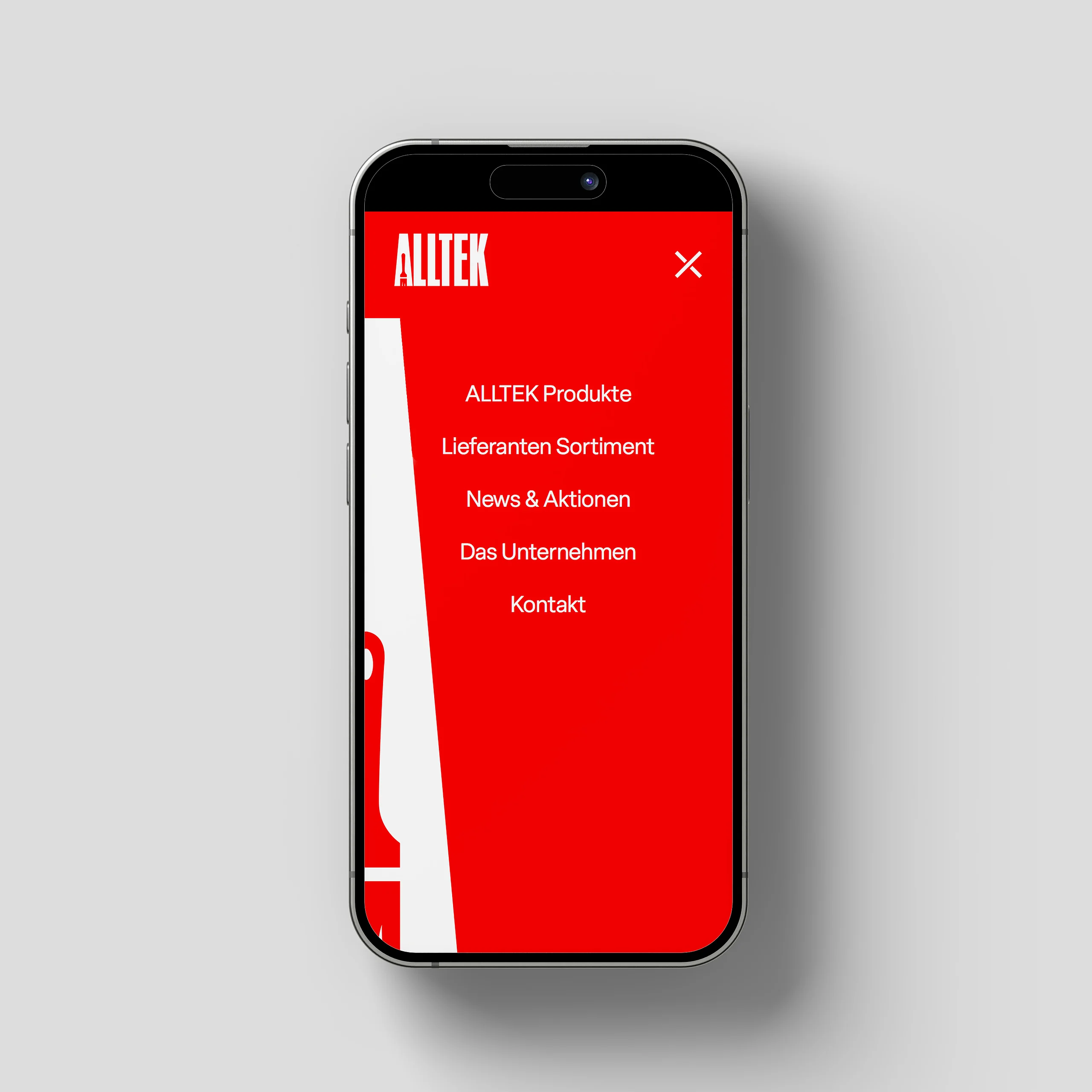 iPhone mit dem offenem Menü der Alltek Webseite