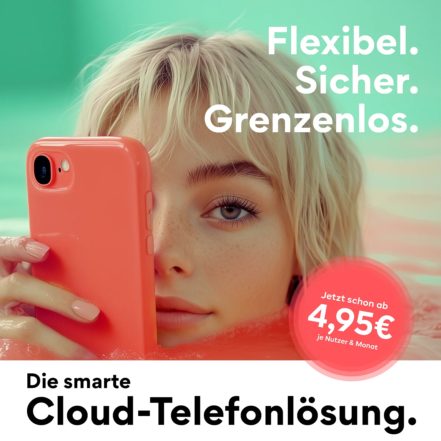 Werbepost mit einer Frau die ihr halbes Gesicht mit einem Smartphone verdeckt
